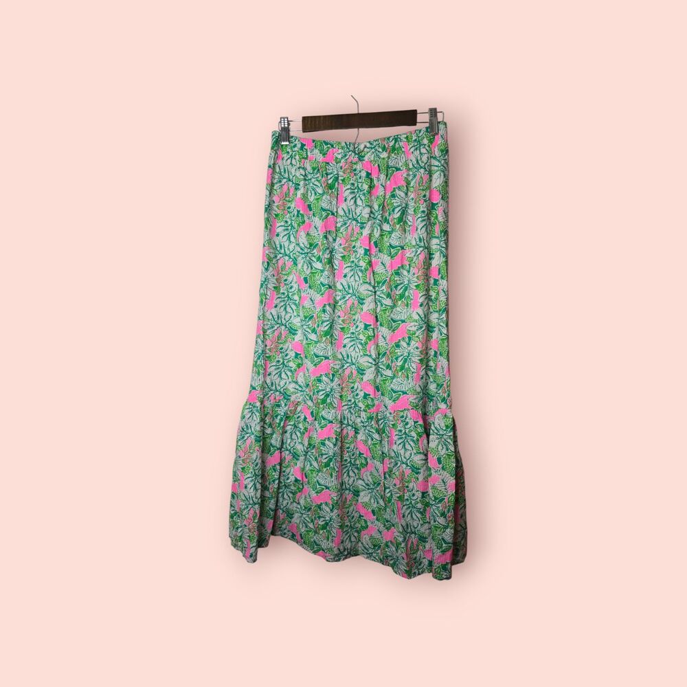 Lilly Pulitzer Kasida Tiered Maxi Skirt Just Wing It Pink Green Tropical Coastal